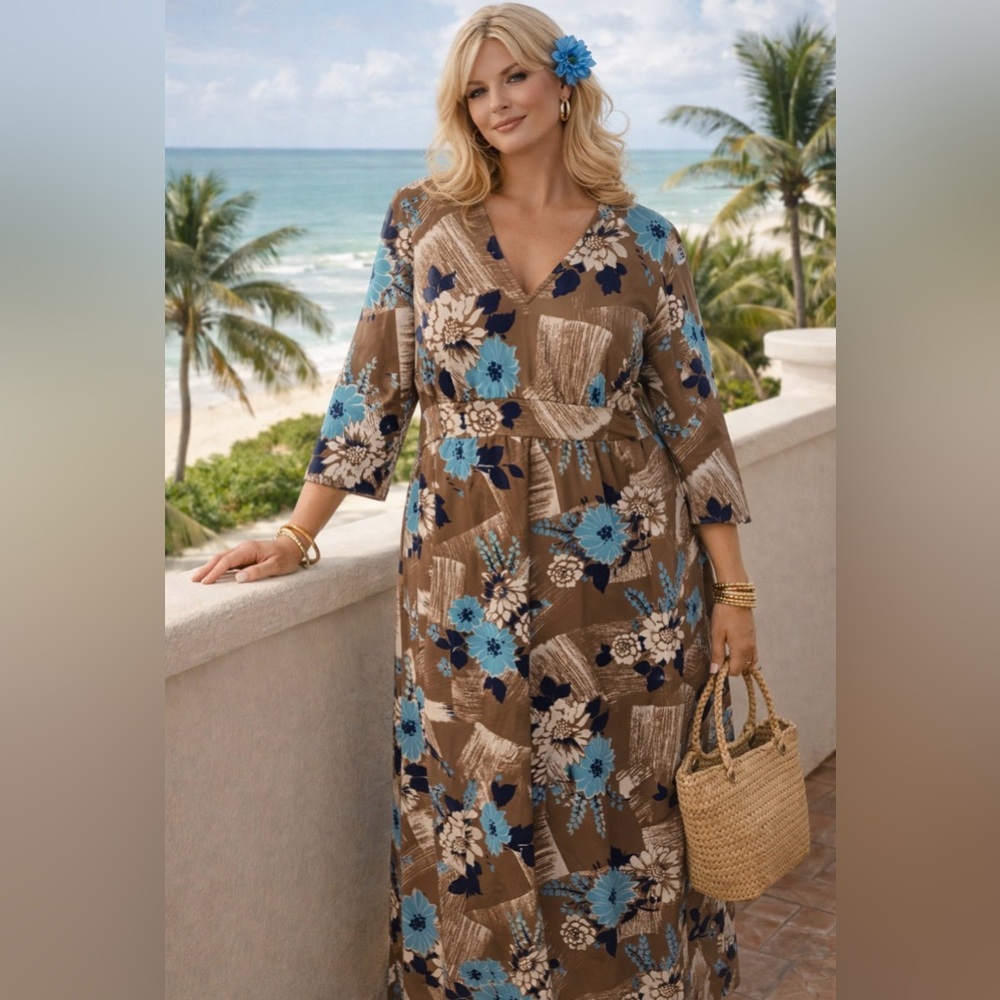 *Vintage 1970’s - Blue and Brown Floral Maxi Dress - poly knit
